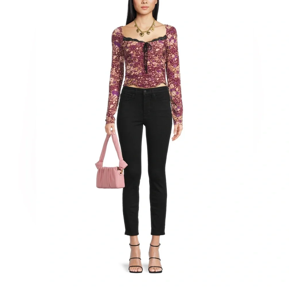 FREE PEOPLE Layer It On Me Top - Size Small - Red Combo Long Sleeve Boho - NWT